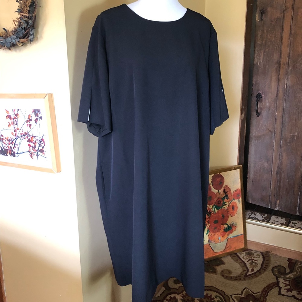 REPREVE sz 22W Little Black Dress White Pleat Sleeve ECORecycle FastDry $180 NEW